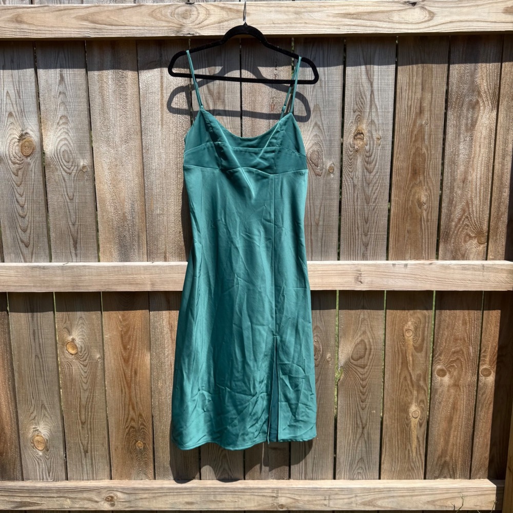 A New Day Green Teal Satin Slip Midi Dress Womens Small NWT Side Slit Adjustable
